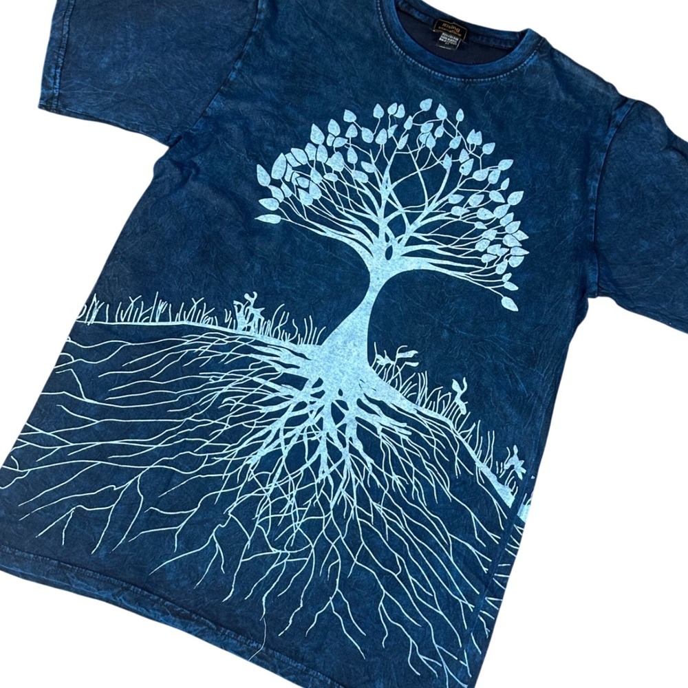 Rising International T-Shirt Mens M Blue Tree of Life Acid Wash Cotton Graphic